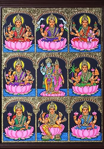 הודו אקזוטית אשטלאקשמי עם Vishnu Lakshmi Tanjore ציור | צבעים מסורתיים עם זהב 24 קראט | פראם עץ טיק